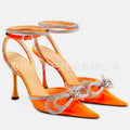 Transparent bow rhinestone high heel sandals pointed toe closed toe stiletto heels fashion european and american cross-border style