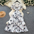 French chic v-neck floral dress - women's summer korean style short sleeve slimming a-line maxi dress - vacation ready