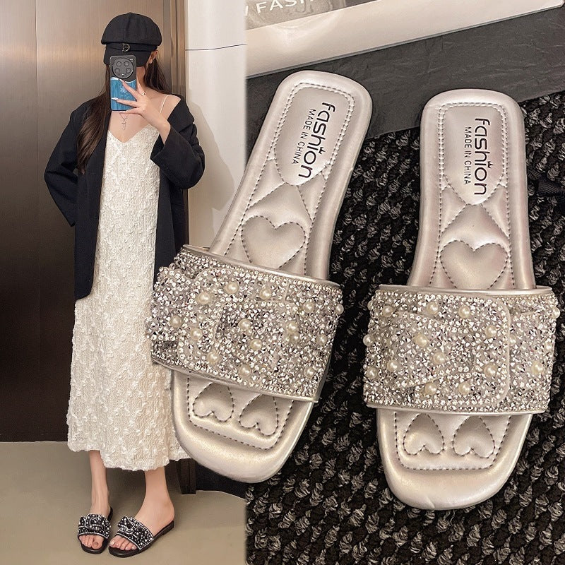 Plus size women's slides for export -  summer new arrivals: european & american fashion rhinestone flat one-strap sandals
