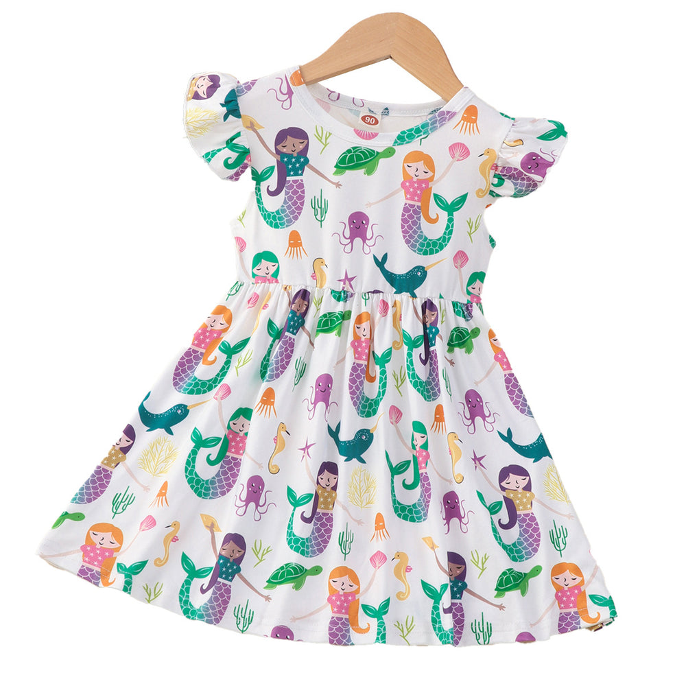 Mermaid pattern kids' flutter sleeve breathable & cool fitted dress
