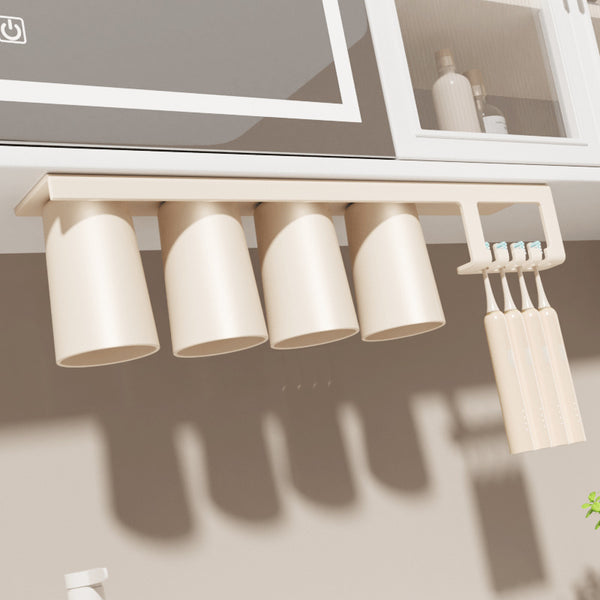 Magnetic suction mouthwash cup at the bottom of the mirror cabinet, a family of four inverted wall-mounted children's washing and brushing cups, toothbrush shelves