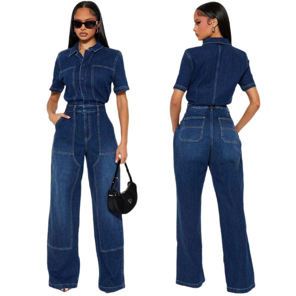 Fashion jumpsuit women's new arrival hot selling dark blue fashionableelegant jumpsuit denim pants washed stretch jumpsuit