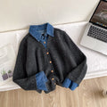 K-style denim patchworkfake two-piece knitting shirtsweater women's looseslimming lookwork clothing styletopsautumeasiest for match