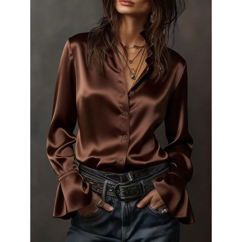 new arrival: solid color wale satin long sleeve blouse