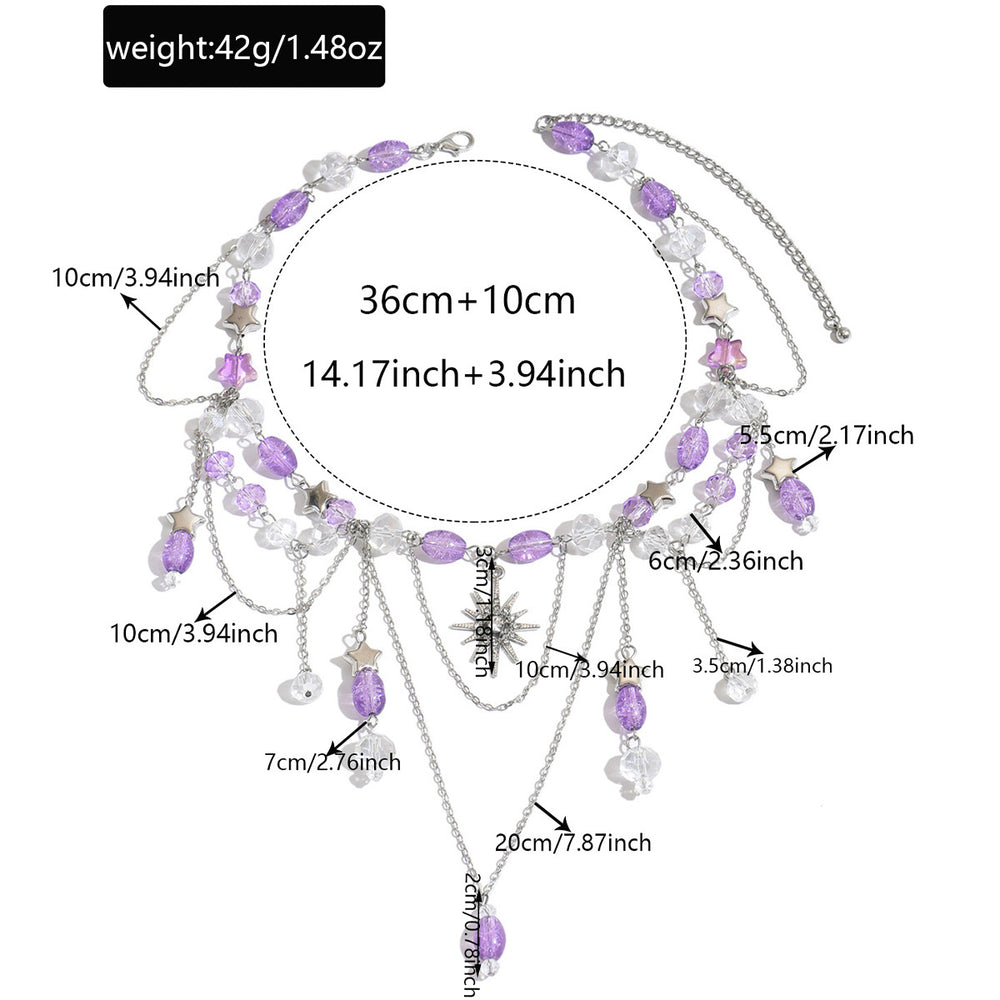 European and american cross-border purple fairy style tassel sun pendant necklace women's retro french layered necklace
