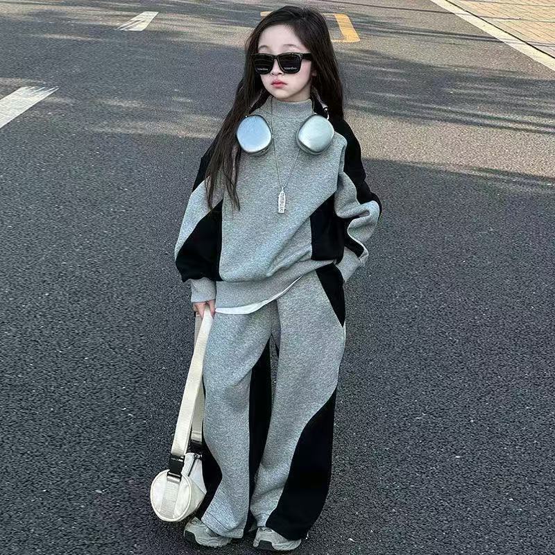 Kids' korean style pants  new color block two-piece set for girls, casual sports sweatpants, spring and autumn fashion (mid-to-large children)