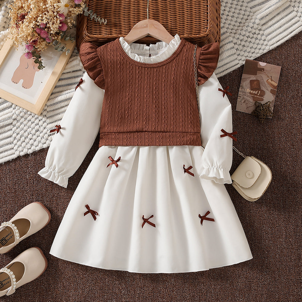 girls' autumn new arrival: collared long-sleeve ruffle princess dress shirt dress knitted vest two-piece set