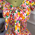 Printed floral shirred waist bow tie sexy european and american african  set skirt and top