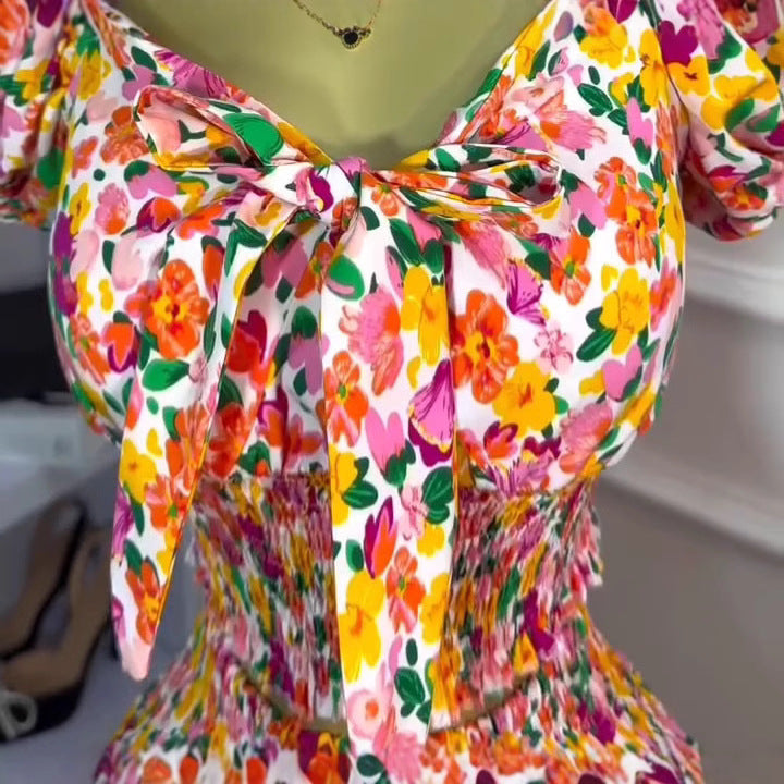 Ribbon bow floral french puff sleeve top and skirt set - new summer one-shoulder style