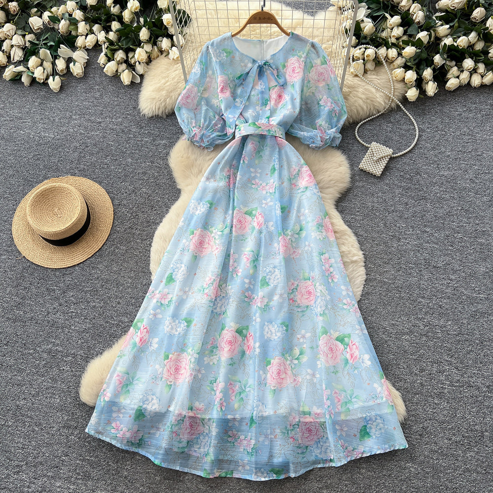 French romantic style printed tie-up dress - women's summer korean v-neck strappy short sleeve a-line maxi dress - elegant