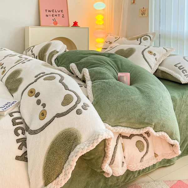 Thickened coral fleece bed sheet four-piece set wholesale wide-sided milk fleece quilt cover winter flannel bed three-piece set