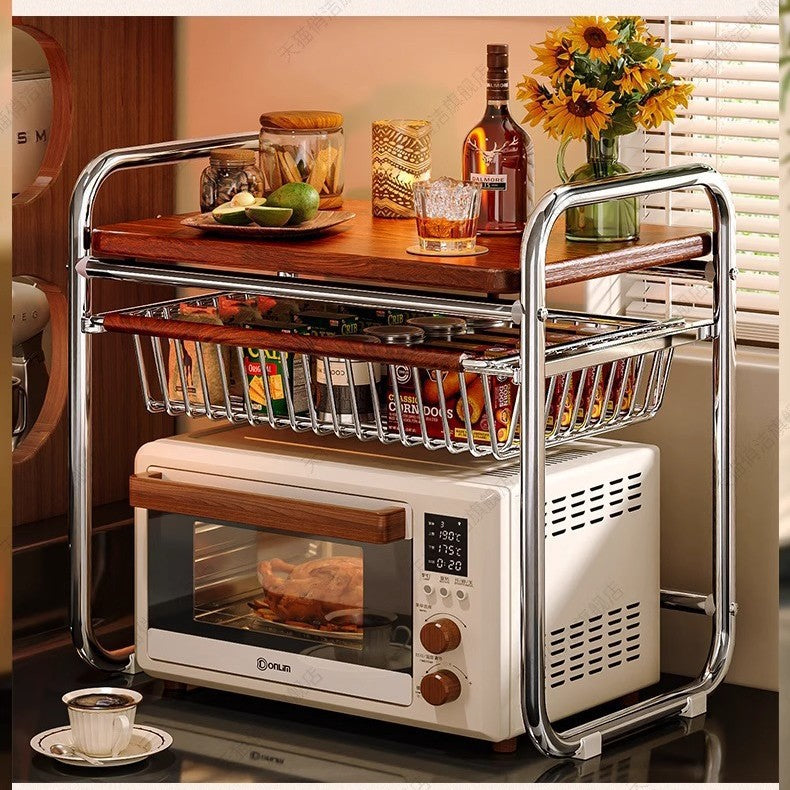 Vintage-style microwave oven shelf with pull-out basket, kitchen countertop organizer, rice cooker desktop storage rack