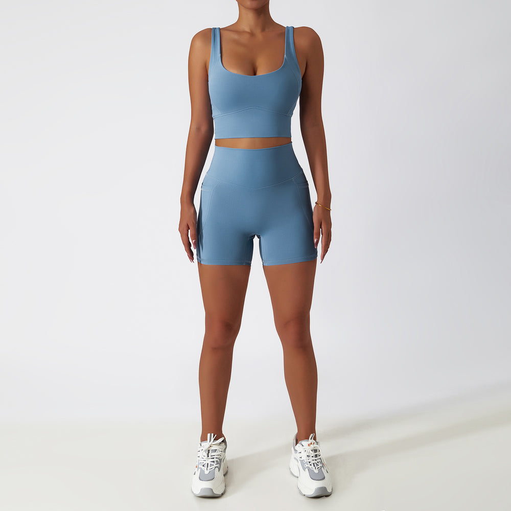 breathable quick-drying tight-fitting yoga clothes flap pocket pants running sports suit diagonal shoulder naked fitness suit6425