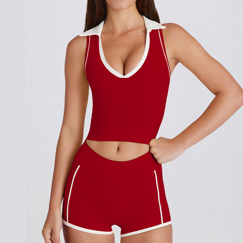Sleeveless running pilates workout v-neck top vest with padded bra, color block turn-down collar yoga set