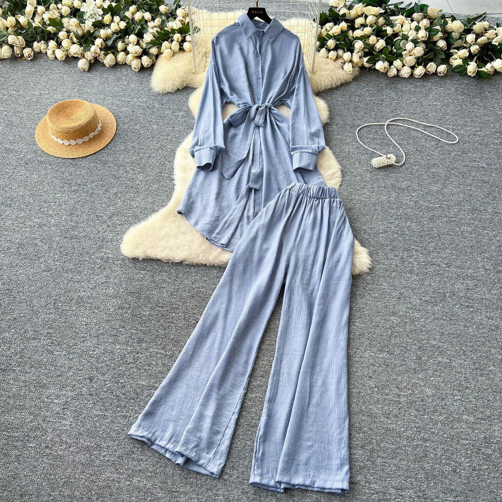 Fashionsuitfemalek-stylecasual lazy style strap waist mid-length hot diamond shirt high waist wide leg straight-leg pants