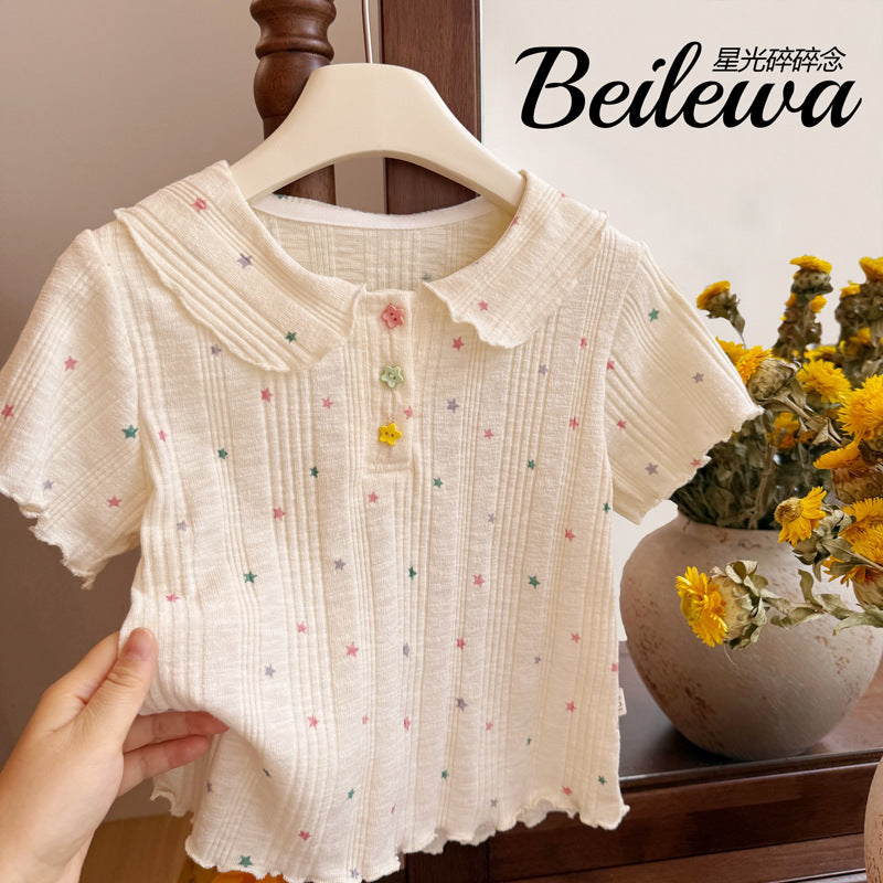 Korean style girls' new summer all-over star print short-sleeve t-shirt top - stylish and trendy for baby girls and children