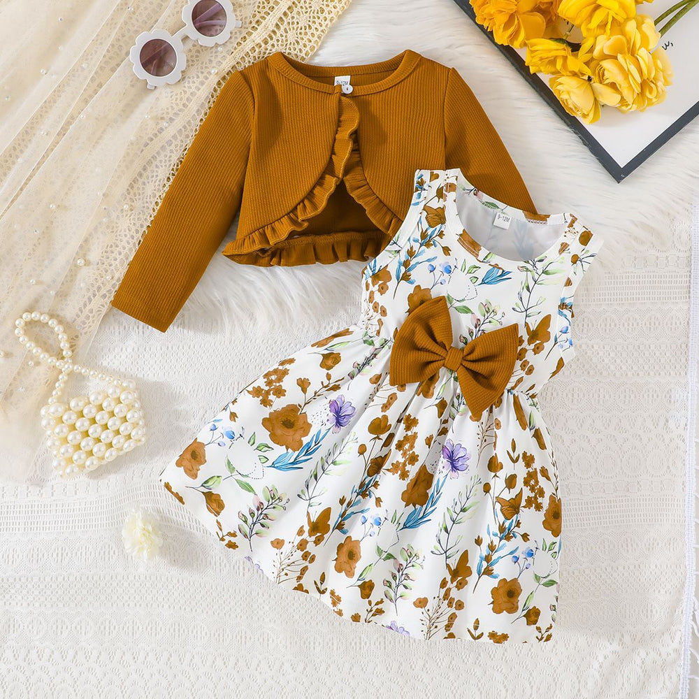 foreign trade exclusive solid color shrug and sleeveless dress butterfly embellished printed dress set