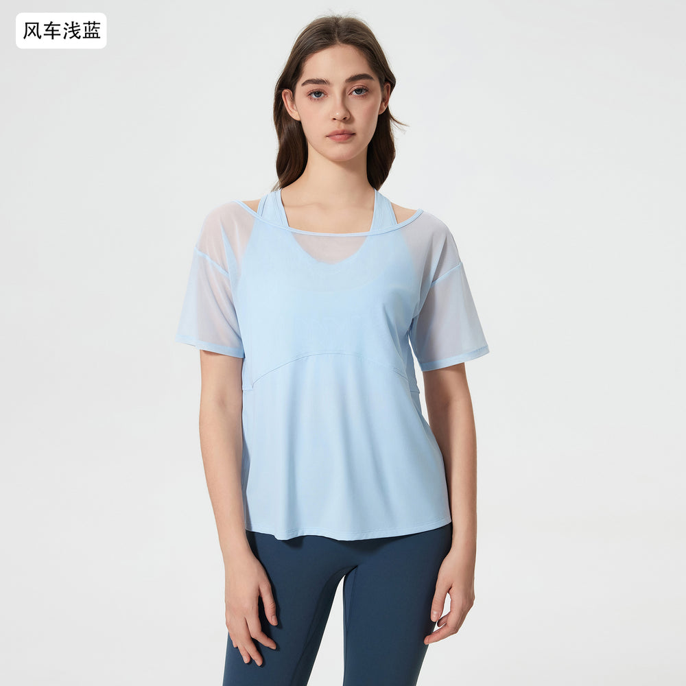 Women's loose-fit yoga top - short sleeve activewear t-shirt, running cover-up, faux two-piece design, quick-dry & breathable workout top d25040