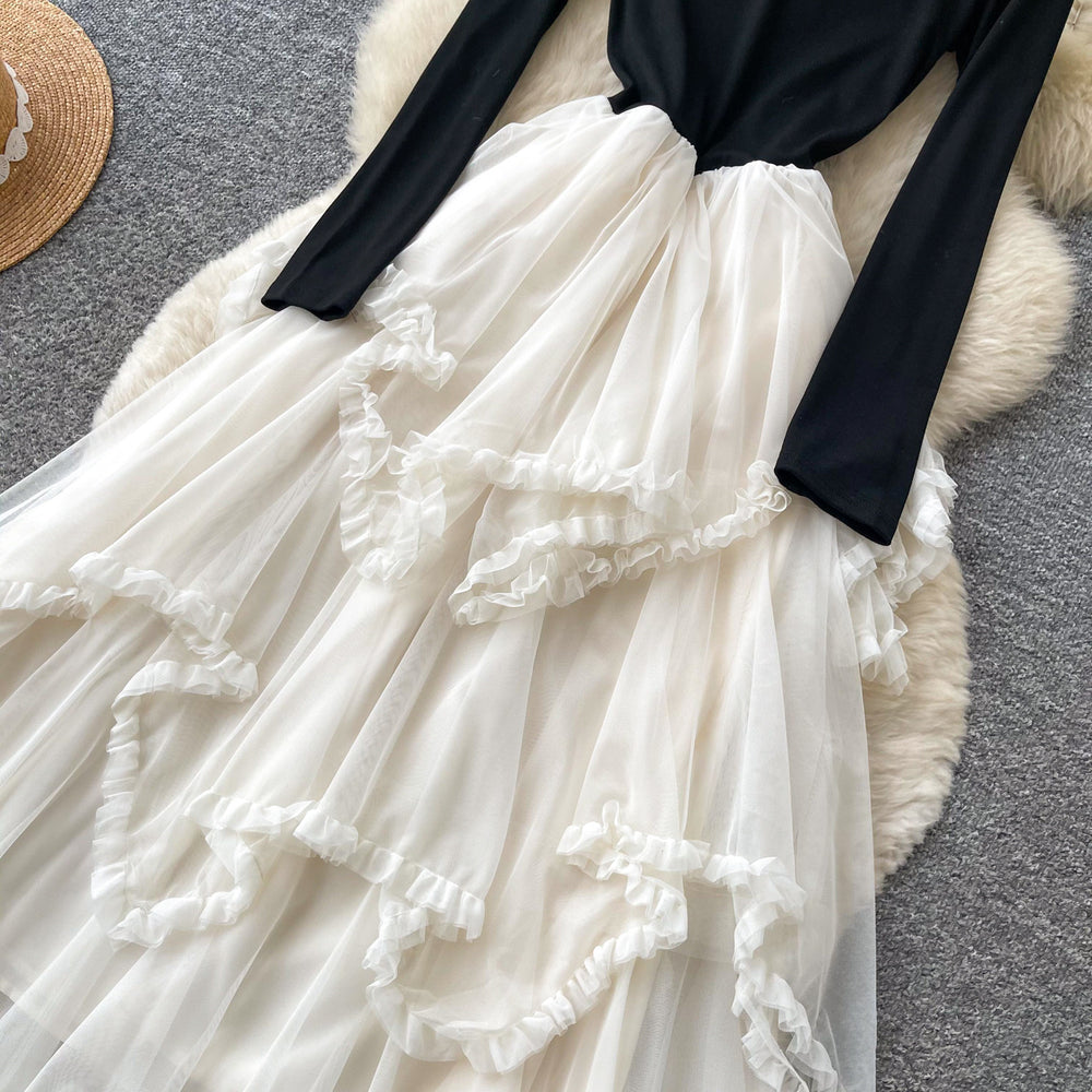 Frenchfake two-piece mesh patchworkdress women's autumn wear slimming look cake skirt rufflespatchwork long skirt elegance style
