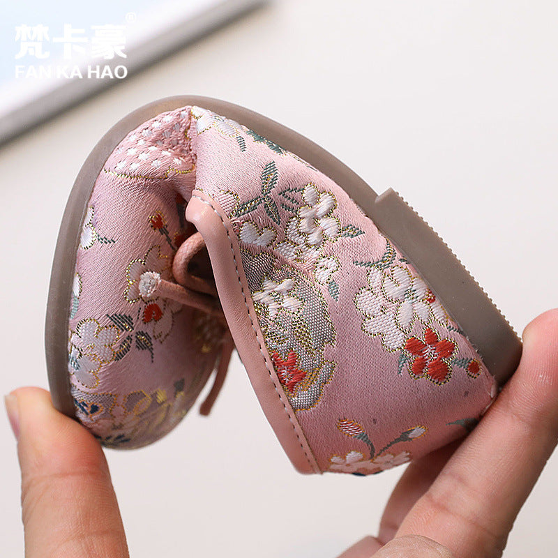 Girls' princess shoes: new autumn  collection - vintage chinese style embroidered dance shoes, kids' bow-tie slip-on flats