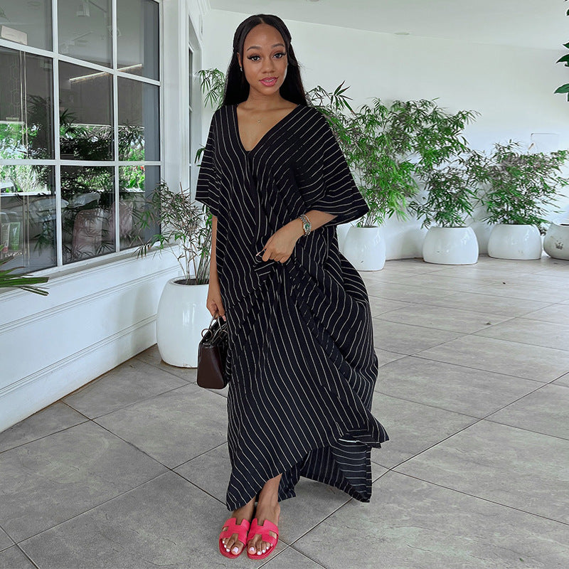 European and american women's clothing  autumn new sweet and fresh striped v-neck batwing sleeve loose waist maxi dress