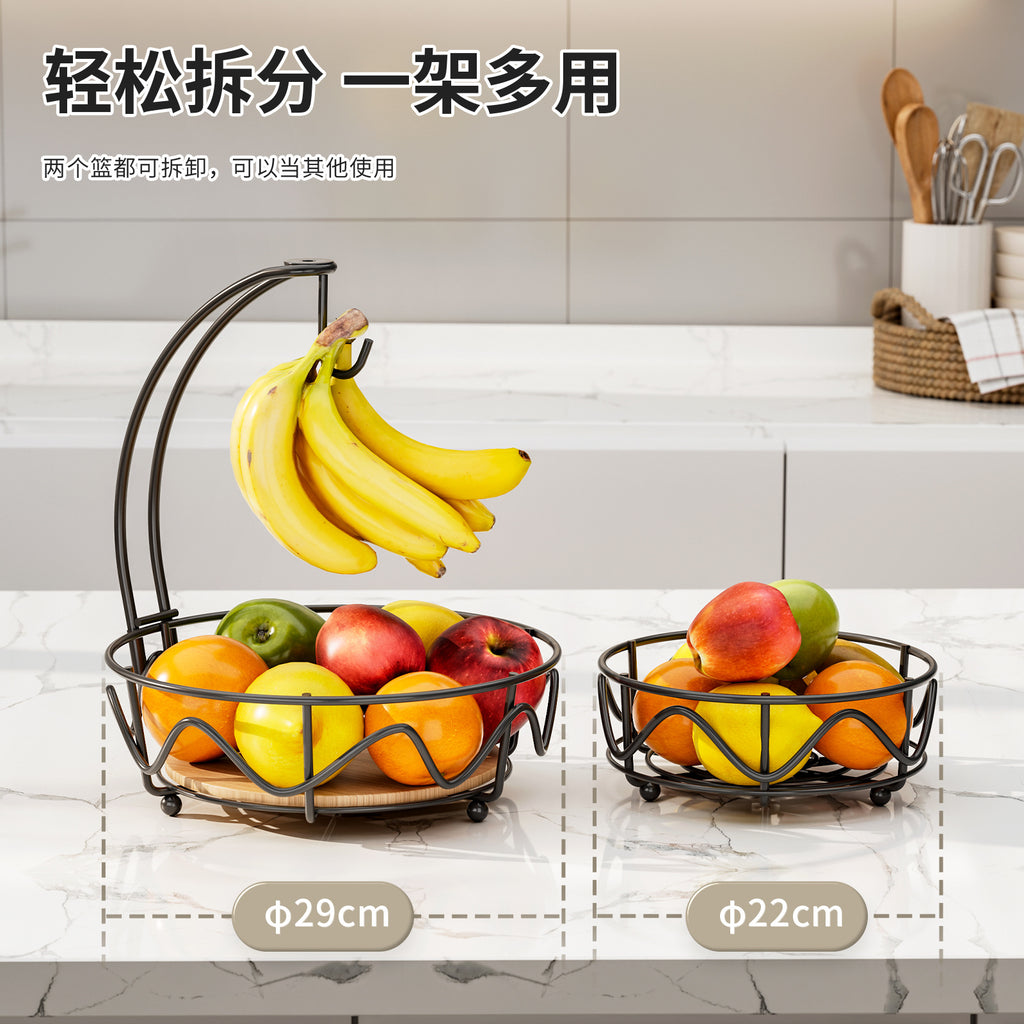 wrought iron fruit basket wooden bottom snack storage fruit plate banana hook round removable fruit and vegetable storage basket