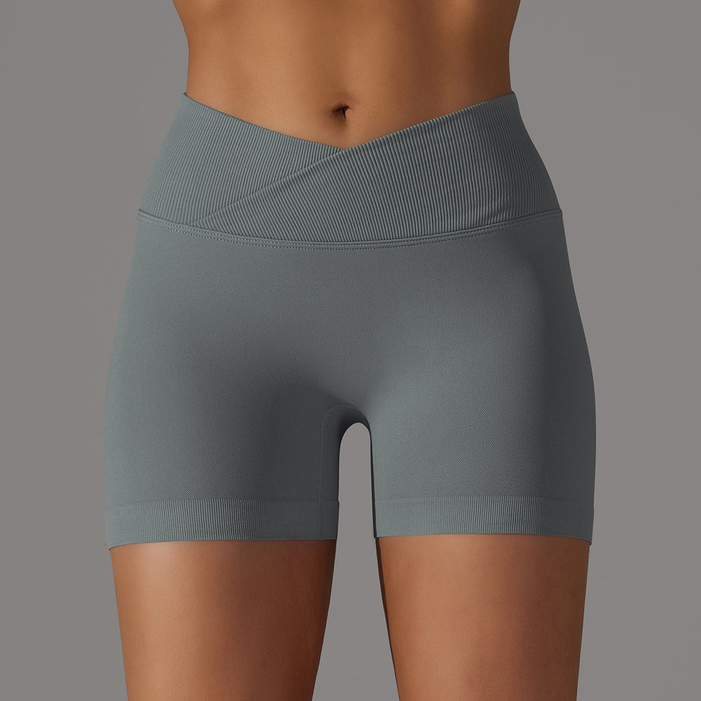 fashion seamless knitting breathable pure color cross waist peach butt yoga shorts running fitness three-quarter pants women