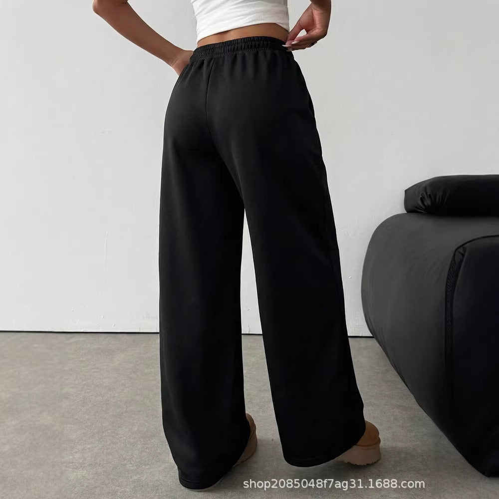 Girls' american retro black drawstring pocket wide-leg loose fit fleece-lined straight leg sweatpants