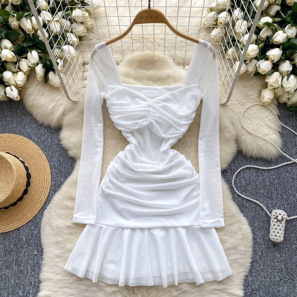 Pure desire sexy women's dress autum pleated waist elegant square neck long sleeves ruffles mesh skirt