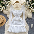 Pure desire sexy women's dress autum pleated waist elegant square neck long sleeves ruffles mesh skirt