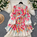 European and american retro court style dress - women's elegant socialite lantern sleeve stand collar button-down waist-defining printed midi dress