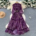 French retro fashion printed long sleeve single-breasted tie-waist dress - women's autumn  high-end maxi dress