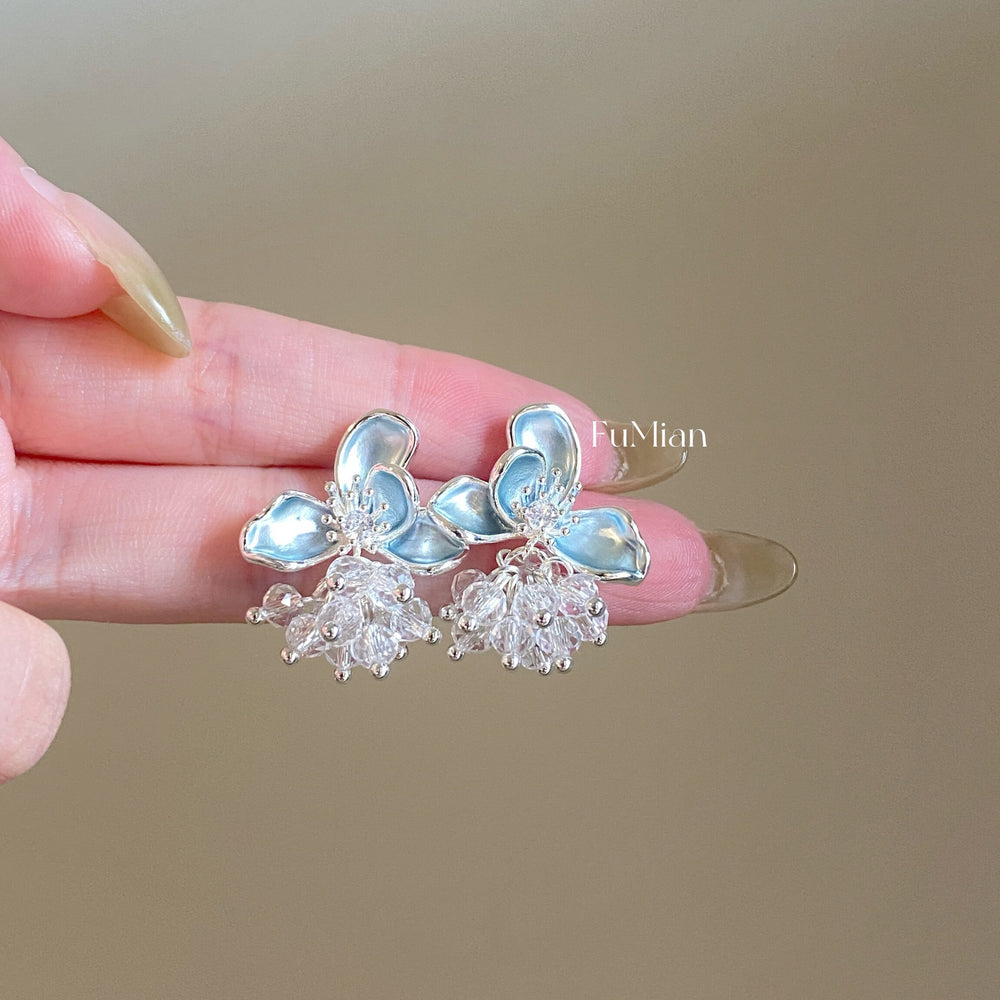 Fresh blue glazed flower crystal tassel stud earrings - exquisite, sophisticated, and stylish earrings for women, perfect for work or everyday wear