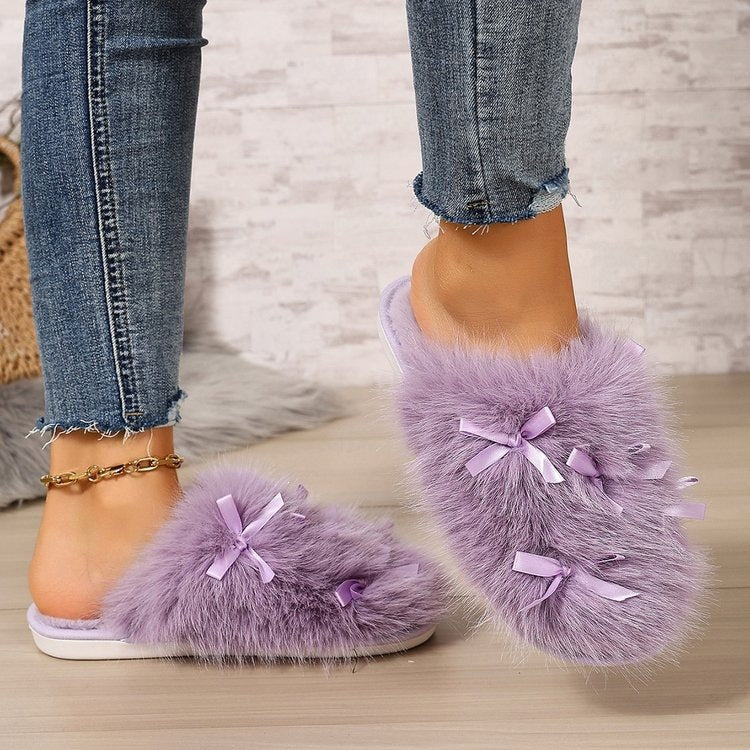New arrival cross-border winterbows large fur slippers indoor heattech plus outer thick sole shit-feeling cotton slippers wholesale