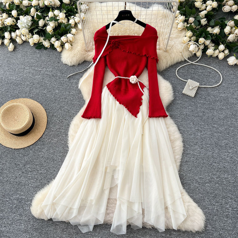 French chic floral collar long sleeve knit & mesh asymmetrical fairy dress - trendy & fluffy