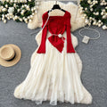 French chic floral collar long sleeve knit & mesh asymmetrical fairy dress - trendy & fluffy
