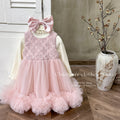 Girls' fleece-lined vest dress, chanel-inspired feather dress, birthday cake dress with veil
