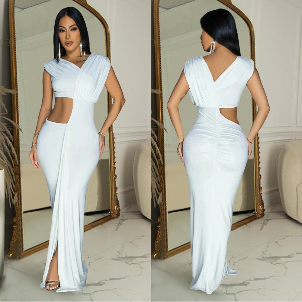 C7061 cross-border   independent station fashionable women's solid color sleeveless deep v dress new arrival