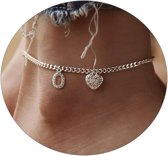 Amazon exquisite silver initial anklet - minimalist personalized letter anklet with cz heart cuban chain