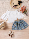 Clear! fashion style girl's pullover shirt with trumpet sleeves + floral print pleated skirt suit green warehouse style