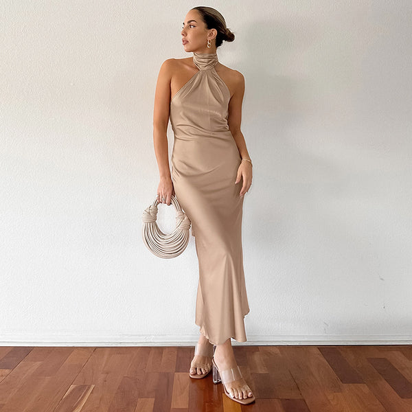 Summer European and American new khaki French neck evening dress sexy backless royal sister wind slim fishtail dress