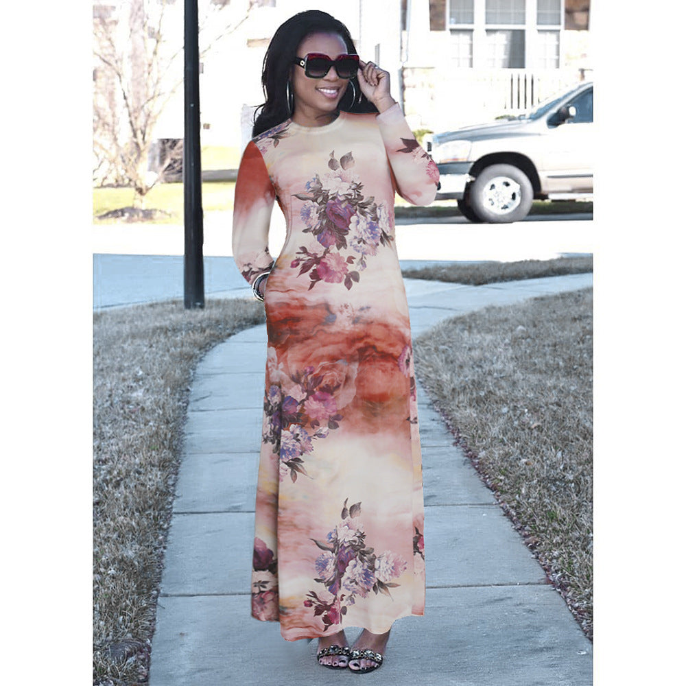 african plus size women's clothing:  &  printed round neck slimming a-line dress