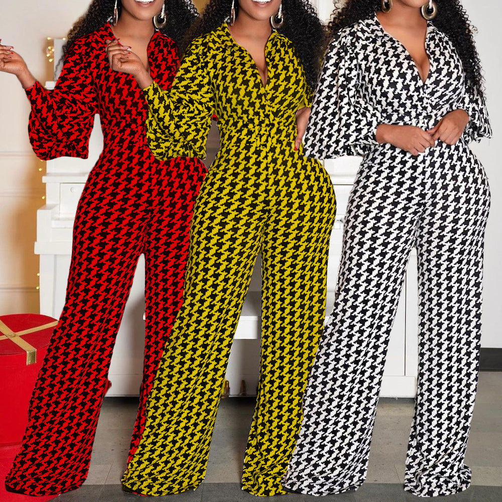 Q050 cross-border women's fashion  new v-neck puff sleeve cinched waist printed wide-leg plus size african european and american jumpsuit