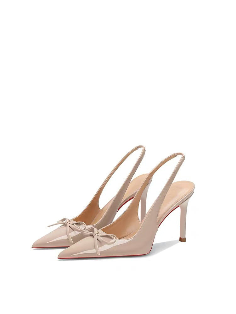 Nude high heels for women 2026 summer new arrival open back pointed toe stiletto shallow elegantflats red bottom bows sandals