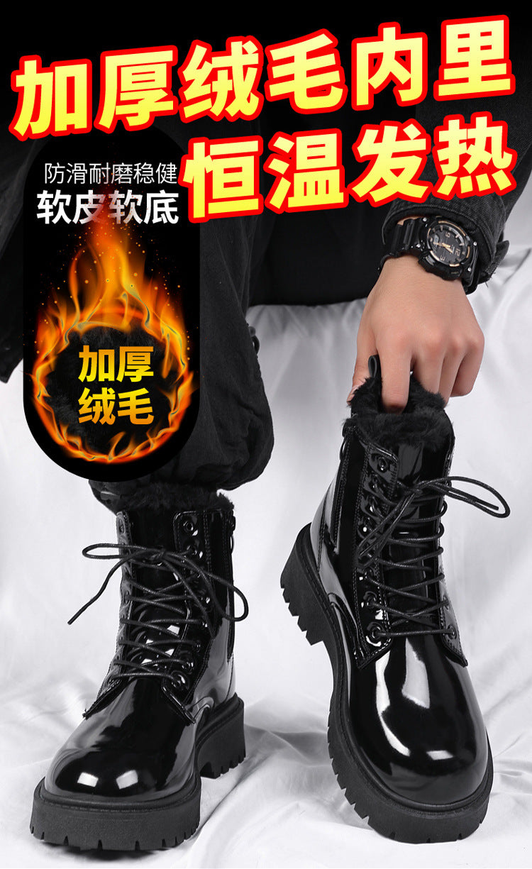 Men's winter black combat boots - british style casual motorcycle leather boots - men's anti-slip fleece-lined warm cotton boots