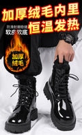 Men's winter black combat boots - british style casual motorcycle leather boots - men's anti-slip fleece-lined warm cotton boots
