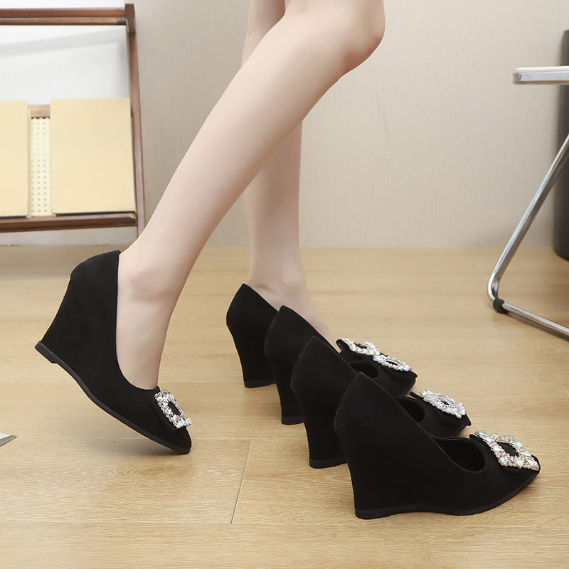 2025 new pointed-toe black heels with square buckle and rhinestone embellishments - french style, stiletto heel, elegant and versatile pumps