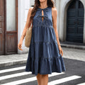 Fashion cross-border foreign trade  washed sleeveless tie back denim cake round neck layered stitching loosedress