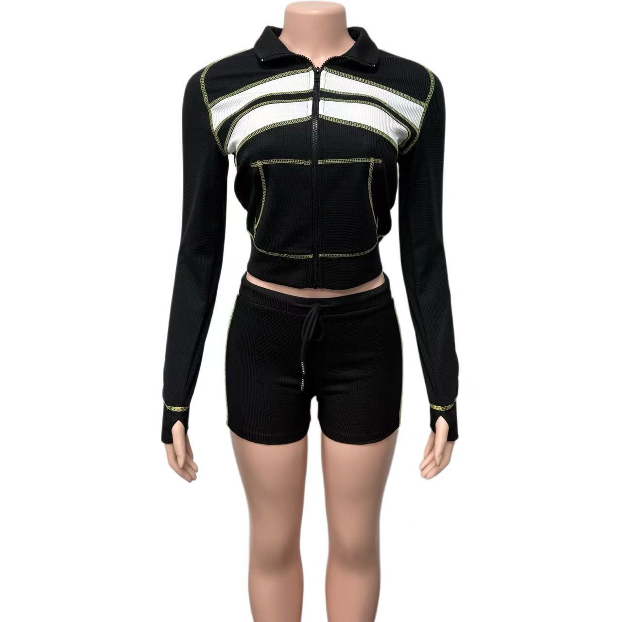 Cross-border Europe, America and 2025 new women's clothing waffle texture fabric contrasting color splicing cardigan drawstring shorts set