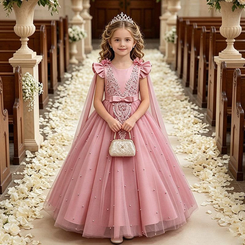 foreign trade girl's dress shawl tulle  new flower girl wedding dress small flying sleeves kids princess dress in stock